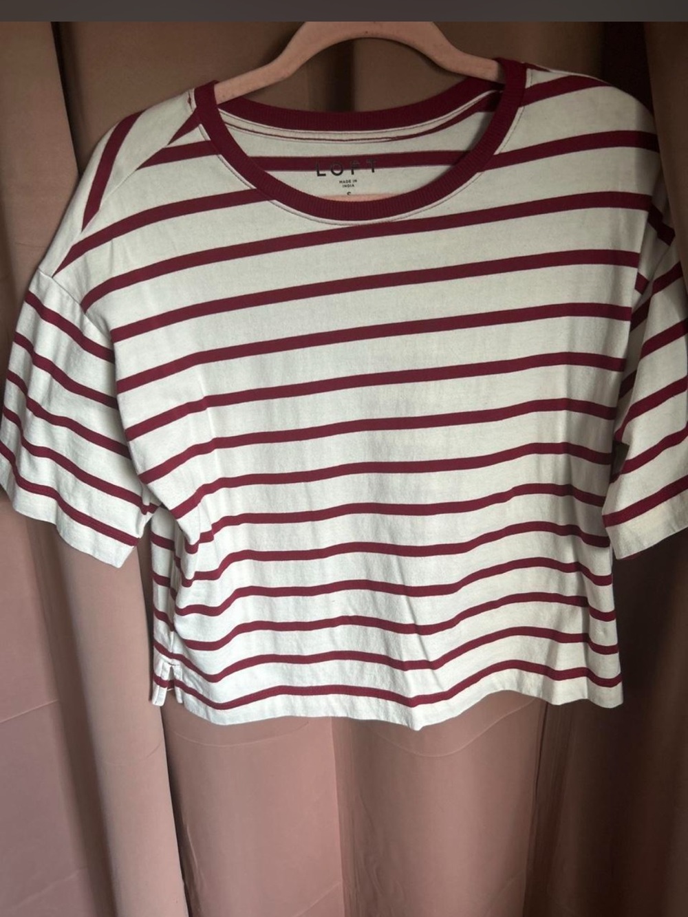 LOFT Cream and Burgundy Striped Short Sleeve Tee